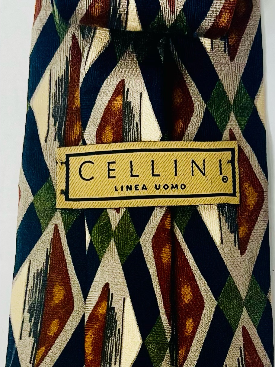 Cellini Mens Geometric Pattern Silk Tie In Navy Brown Olive Cellini Mens Geometric Pattern Silk Tie In Navy Brown Olive